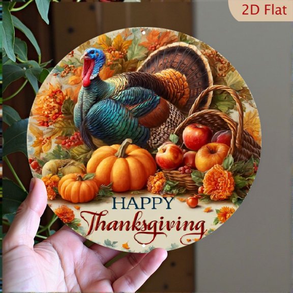 2D Flat, 1pc 8*8inch Aluminum2D FLAT PRINTING1pc Rustic Metal Tin Sign 1pc Rustic Round Metal Tin Sign, 2D Thanksgiving Turkey Pumpkin Design, Autumn Wall Decoration, Home Room Decoration