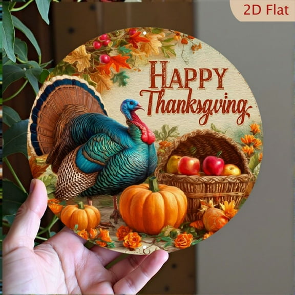 2D Flat, 1pc 8*8inch Aluminum2D FLAT PRINTING1pc Rustic Metal Tin Sign 1pc Rustic Round Metal Tin Sign, 2D Thanksgiving Turkey Pumpkin Design, Autumn Wall Decoration, Home Room Decoration