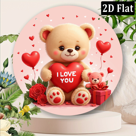 2D Flat 1pc 8 Inch Heart-Shaped Teddy Bear Wall Decor Vintage Valentine'S for halloween Decoration with I Love You Lettering Durable Aluminum Metal for Living Room, Bedroom Easy Hanging Installat