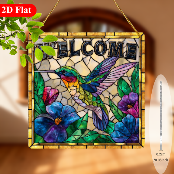 2D Flat, 1pc 8-Inch Hummingbird Welcome Sign - Cute Cartoon Square Suncatcher Art Hanging Decor for Window Garden, Christmas Ornament