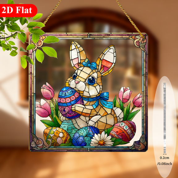 2D Flat, 1pc 8-Inch Large Square Easter Bunny Egg Suncatcher Window Hanging Ornament - Pastel Spring Decor with Bunny, Tulips daisies - Stained -Effect Panel for Room, Garden