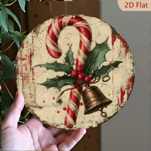 2D Flat, 1pc 8-Inch Round Aluminum Metal Sign - Vintage Christmas Candy Cane Holly Branch Wall Art with Festive Greetings, 2D Printed Holiday Decor for Home, Kitchen, Garden, Bedroom, Office