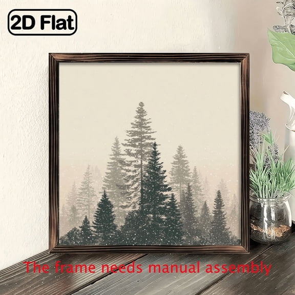 2D Flat 1pc 8 Inch Rustic Framed Wall Art, Farmhouse Mural Painting with Pine Trees Snowy Winter Forest Landscape, Beige, Brown Cabin Decor, Country Style Panel Picture for Bedroom