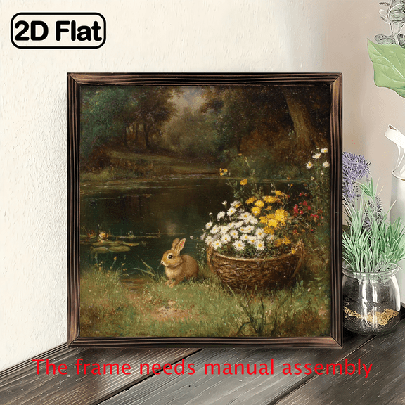 2D Flat, 1pc 8 Inch Rustic Wooden Framed Art, Country Floral Rabbit Wildflowers Painting, Handcrafted Recycled Wood Frame with Hooks, Reusable for Bathroom Home Decor, Bathroom