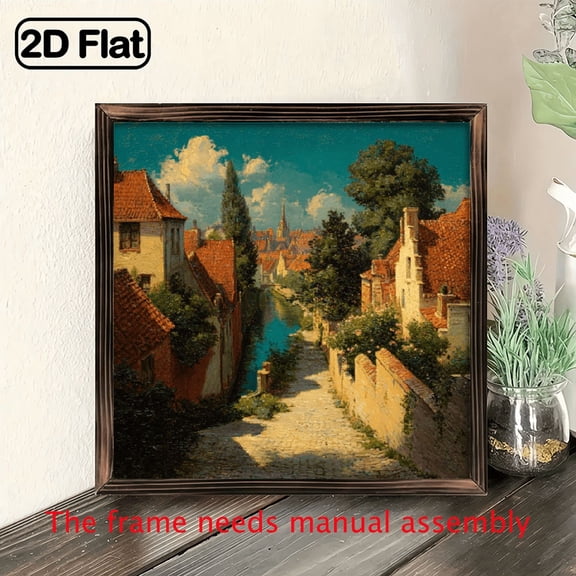 2D Flat, 1pc 8 Inch Rustic Wooden Framed Wall Art, European Village Scene with Cobblestone Streets Houses, Vibrant Colors, 2D Flat Frame for Bathroom, Home, Animal, Wall Decor