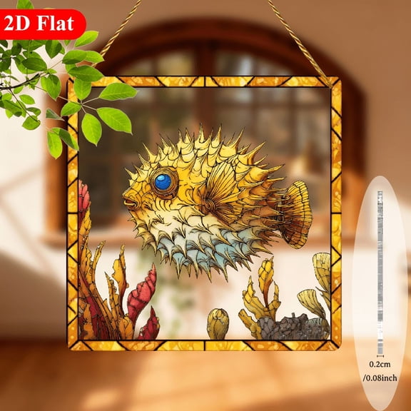 2D Flat, 1pc 8-Inch Square Stained -Style Suncatcher Window Hanging Ornament - Vibrant Golden Puffer Fish Cartoon Art, Acrylic Ocean-Themed Decorative Panel for Living Room, Porch, or Year