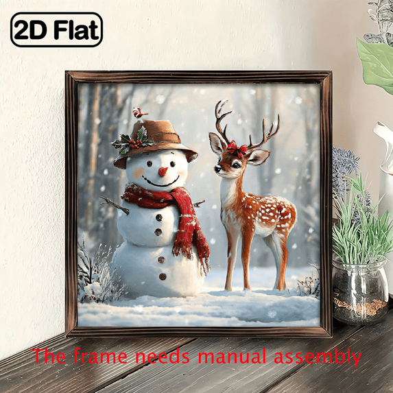 2D Flat, 1pc 8-inch Vintage Wooden Frame Art Sign - Snowman Deer Winter Wonderland Christmas Decoration, 2D Flat Wood Tabletop Decor for Home, Coffee, Desktop - Perfect for Halloween Christmas, Wi