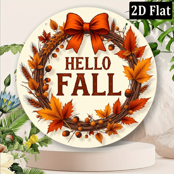 2D Flat 1pc 8X8 Inch Aluminum Autumn Vintage Bow Wall Decorations-Hello Autumn Decoration, Wheat, Leaves and Pine Cones, Country Farmhouse Style Home, Cafe, Restaurant, Bar, Garage Decoration