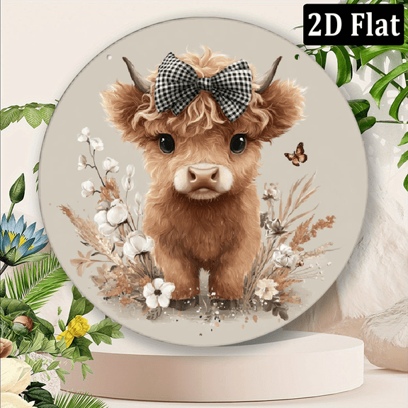 2D Flat, 1pc 8X8Inch Aluminum Flat Print Charming Highland Cow with Bow Wreath Sign - Round Decoration, Suitable for Home, Kitchen, Garden, Office, Etc - Perfect Choice for Christmas, Halloween