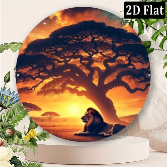 2D Flat, 1pc 8x8 Inch Aluminum 2D African Grassland Lion Metal Wall Art - Majestic Lion Sunset Scene for Home, Hotel, Bar, Ranch Outdoor Decor, Ranch Wall Art Wildlife Theme Decor Durable Metal
