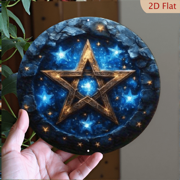 2D Flat, 1pc 8x8 Inch Aluminum Ancient Astrolabe Wall Decor - Celestial Star Pentagram Design, Deep Blue Golden Antique Metal Art, No Electricity Needed Home Office Decor, Unique Holiday Party Gift