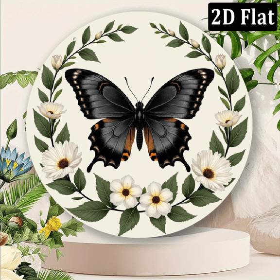 2D Flat, 1pc 8x8 Inch Aluminum Butterfly Floral Metal Wall Art Elegant 2D Design with Black Butterfly White Flowers, Rust-Free, Perfect for Home, Kitchen, Garden, or Bedroom Decor Ideal Housewar
