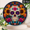 thumbnail image 1 of 2D Flat, 1pc 8x8 Inch Aluminum Day of the Dead Sugar Skull Floral Wreath Sign - Vibrant 2D Flat Dia de Los Muertos Round Wall Decor, Waterproof Rustproof OutdoorIndoor Hanging Art for Home, 1 of 6