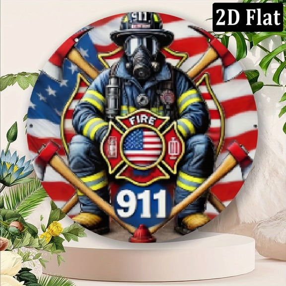 2D Flat, 1pc 8x8 Inch Aluminum Firefighter Salute Round Wall Art - Patriotic American Flag Design with Crossed Axes 911 Tribute, 2D Flat Metal Decor for Home, Bar, Garage, Cafe, Firefighter Deco