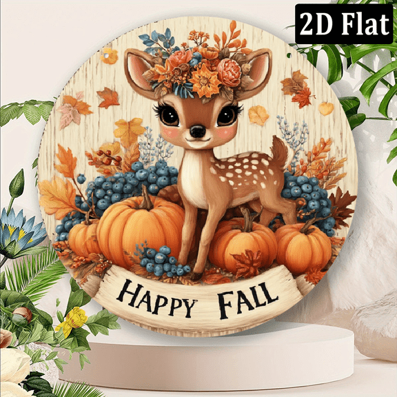 2D Flat, 1pc 8x8 Inch Aluminum Happy Autumn Deer Vintage Metal Wall Art Sign - Rustic Fall Decor with Pumpkins, Berries Flowers, Durable 2D Crafted Wall-Mounted Art for Home, Cafe, Garage