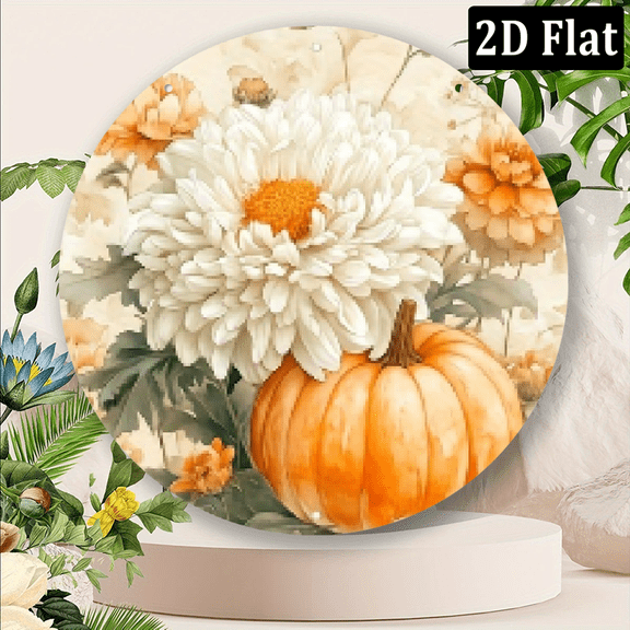 2D Flat, 1pc 8x8 Inch Aluminum Metal Sign - Fall Floral Pumpkins Retro Circular Wall Art, Vintage Autumn Decor for Home, Bar, Cafe - Reusable Seasonal Decoration, Fall Decorations for Home, Bar