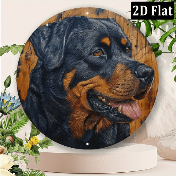2D Flat, 1pc 8x8 Inch Aluminum Metal Sign - Faux Woodblock Print Circular Wreath Design with Realistic Rottweiler Portrait, Durable Wall Art for Living Room Decor, Dog Lover Gift for Home Decora