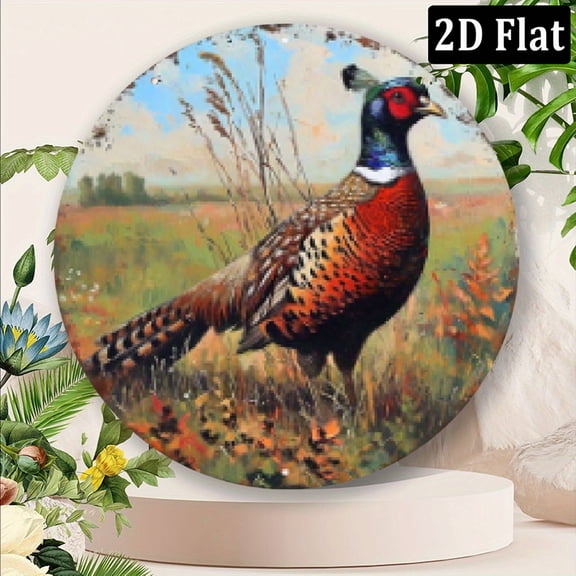 2D Flat, 1pc 8x8 Inch Aluminum Metal Sign - Vintage Pheasant Wall Art with Rustic Countryside Scene, Round Durable Door Hanging Decor for Home, Farmhouse, or Holiday Wreath Display, Outdoor Deco
