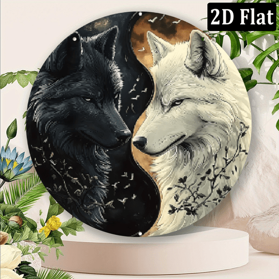 2D Flat, 1pc 8x8 Inch Aluminum Metal Sign - Yin-Yang Dual Wolf Art Wall Decor with Black White Wolves, Golden Foliage Birds - Retro Home Bedroom Bar Restaurant Cafe Club Decor - Unique Gift for