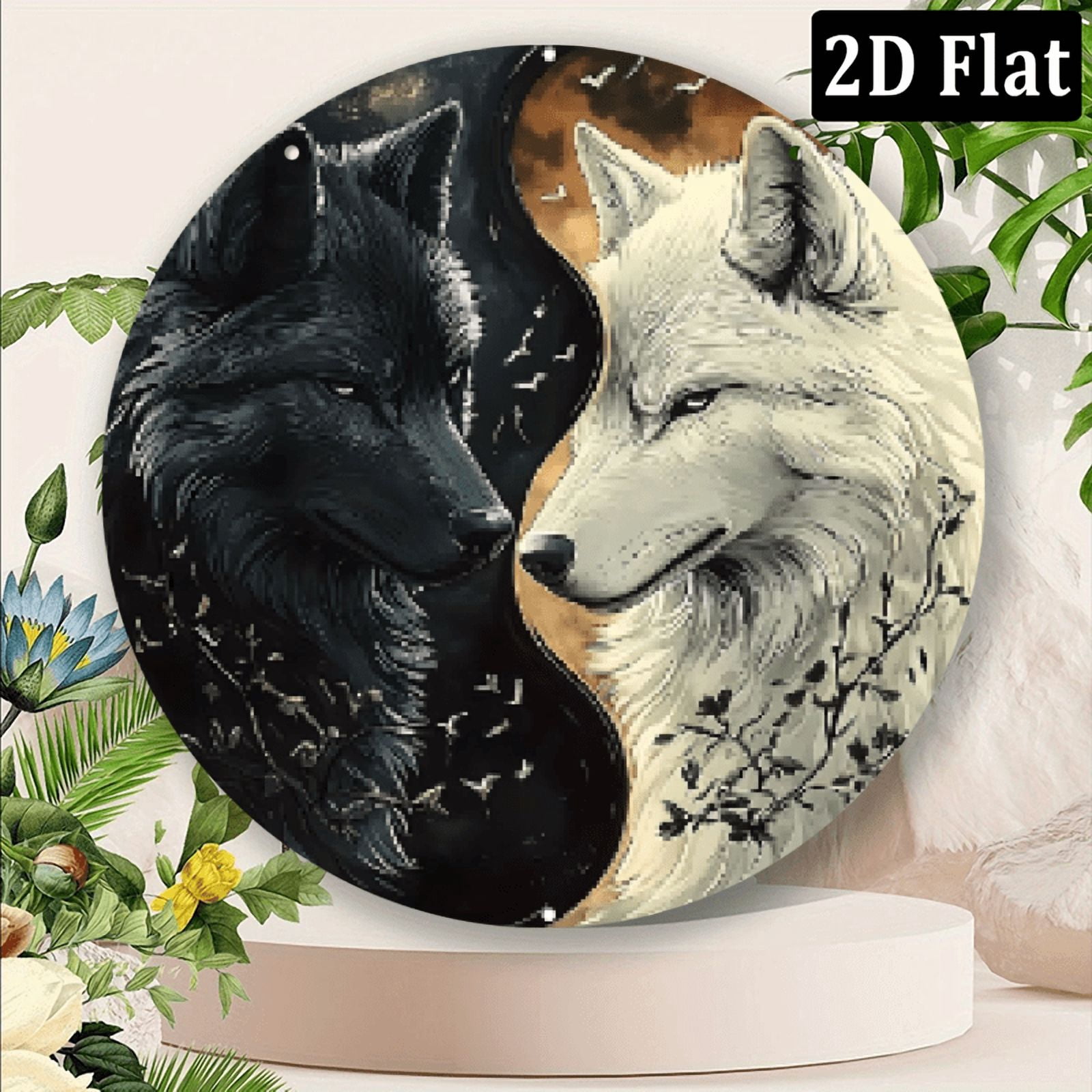 2D Flat, 1pc 8x8 Inch Aluminum Metal Sign - Yin-Yang Dual Wolf Art Wall ...
