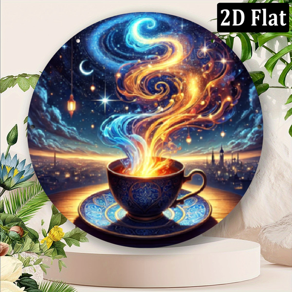 2D Flat, 1pc 8x8 Inch Aluminum Metal Wall Art - Celestial Tea Cup Design with Swirling Steam Starry Sky, Vintage-Inspired IndoorOutdoor Decor for Home, Cafe, Garden, Bar, Gym, Bathroom, Outdoor