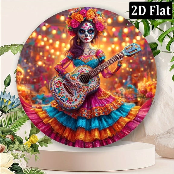 2D Flat, 1pc 8x8 Inch Aluminum Mexican Day of the Dead Wall Art - Vibrant Sign with Floral Skeleton Guitar Design, Waterproof Dustproof Durable Decor for Home, Cafe, Bar, Restaurant, Mexican Hom