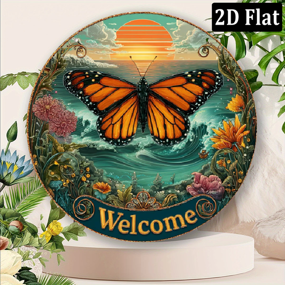 2D Flat, 1pc 8x8 Inch Aluminum Monarch Butterfly Faux Stained Glass Wall Art - Vibrant Orange Black Butterfly with Floral Wreath Center, Mixed Colors, Weather-Resistant OutdoorIndoor Decor for