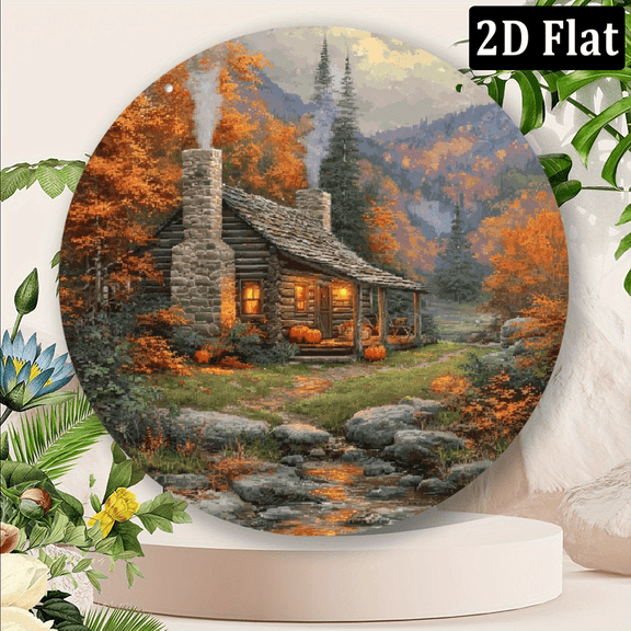 2D Flat, 1pc 8x8 Inch Aluminum Round Metal Sign - Autumn Cabin Art Wall Decor with Rustic Log Cabin, Fall Foliage Pumpkins - Weather-Resistant Country Wall Art for Man Cave, Shed, Office