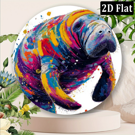 2D Flat, 1pc 8x8 Inch Aluminum Round Metal Sign - Vibrant Colorful Manatee Wall Art, 2D Flat American Style Home Office Decor for Weddings, Bridal Showers, Birthdays, Bachelor Parties Anniversar