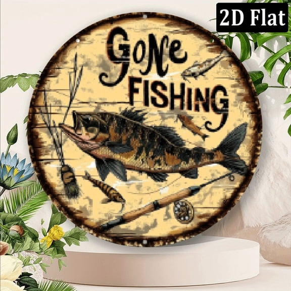 2D Flat, 1pc 8x8 Inch Aluminum Round Metal Wall Sign - Gone Fishing Themed Wreath Design with Lure Fishing Rods, Rustic Vintage Decor for Home, Cafe, for Man Cave - Durable Weather-Resistant