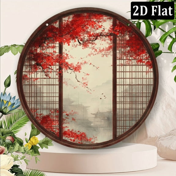 2D Flat, 1pc 8x8 Inch Aluminum Round Wall Art - Chinese Style Cherry Blossom Japanese House Design, Red Blooms Bamboo Grid Pattern, Perfect for Home, Office, Garage, or Cafe Decor Unique Gift