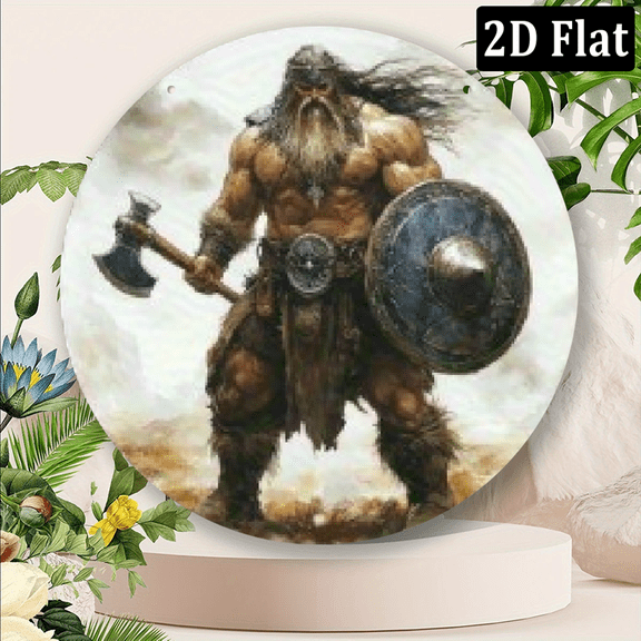 2D Flat, 1pc 8x8 Inch Aluminum Round Wall Art Sign - Vintage Warrior with Axe Shield HD Artwork, Wall-Mounted Home Office Decor, Perfect Gift for Father's Day, Mother's Day, Holidays