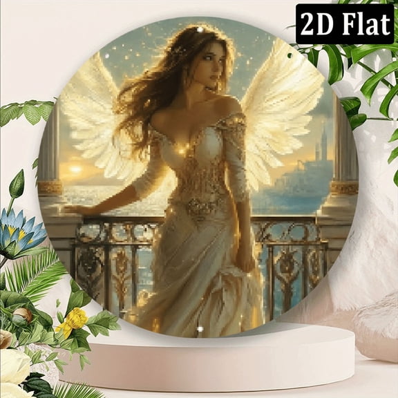 2D Flat, 1pc 8x8 Inch Aluminum Round Wall Sign - Fantasy Angel Sunset Landscape Art, Durable 2D Flat Metal Decor for Home, Bar, Garage, Room - Easy Wall-Mounted Installati