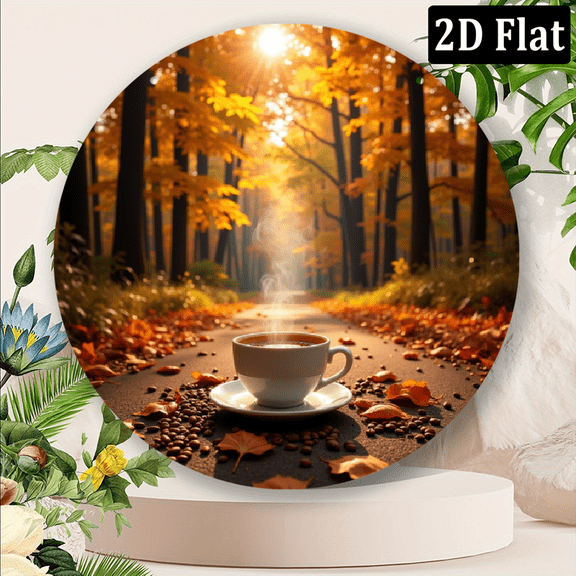 2D Flat, 1pc 8x8 Inch Aluminum Round Wreath Sign - Autumn Leaves Coffee Theme 2D Flat Metal Wall Art, Vibrant Fall Decor for Window, Apartment, Mothers Day Gift, Durable Indoor
