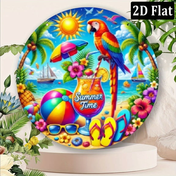 2D Flat, 1pc 8x8 Inch Aluminum Summer Time Metal Wall Art Sign - Vibrant Tropical Beach Scene with Parrot, Palm Trees, Cocktails Beach Ball Design, Durable IndoorOutdoor Decorative Plaque
