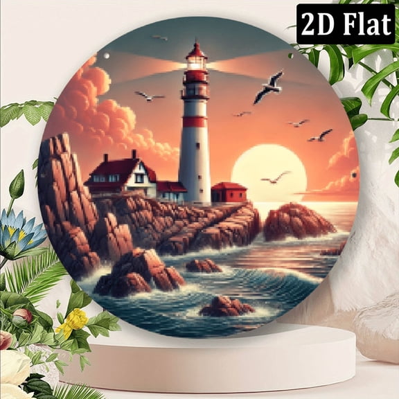 2D Flat, 1pc 8x8 Inch Aluminum Vintage Lighthouse Metal Sign - Coastal Wall Art Decor with Vibrant Sunset Colors, American Nautical Theme for Home, Bar, Cafe, Garage - No Batteries Needed, Perfe