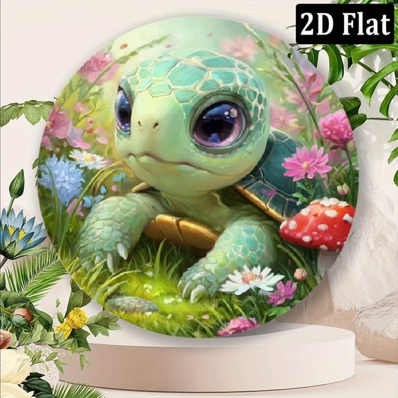 2D Flat, 1pc 8x8 Inch Aluminum Vintage Turtle-Themed Sign - Whimsical Cartoon Turtle with Colorful Flowers Mushrooms, Perfect for Home, Cafe, or Bathroom Decor Ideal Holiday Gift for Room Decor