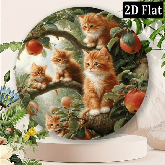 2D Flat, 1pc 8x8 Inch Aluminum Wall Art - Charming Kitten on Persimmon Tree Round Metal Sign with Vibrant Autumn Foliage, Design for Kitchen, Living Room, Office Decor - Perfect Christmas
