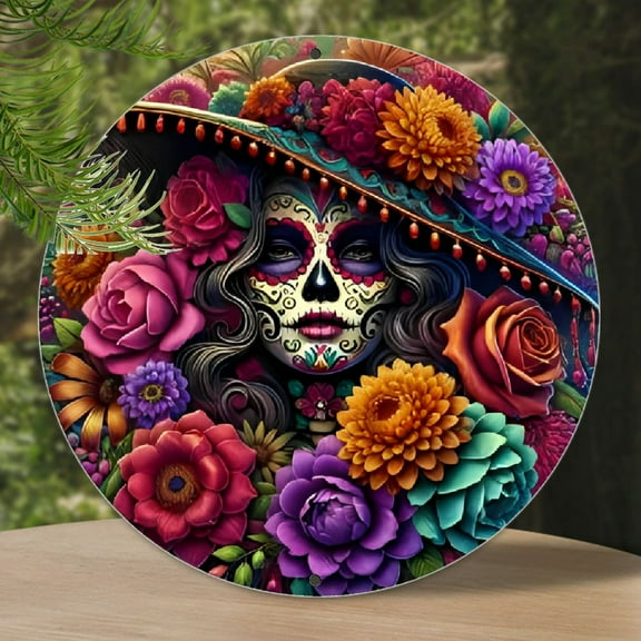 2D Flat, 1pc 8x8 Inch Day of the Dead Sugar Skull Wreath Sign - Round Aluminum Metal Decor with Vibrant Floral Design for Home, Porch - Versatile Outdoor Hanging Ornament, Festive Home Accent