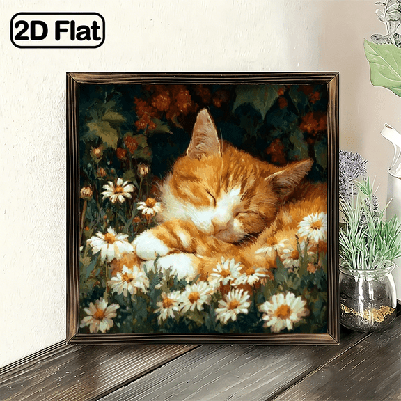 2D Flat, 1pc 8x8 Inch Heart Shape Hanging Decorative Sign, Adorable Sleeping Orange Cat in Daisy Flowers Heart Shaped Wall Art Decor, Cute Kitten Picture for Bedroom Nursery Living Room, Pet