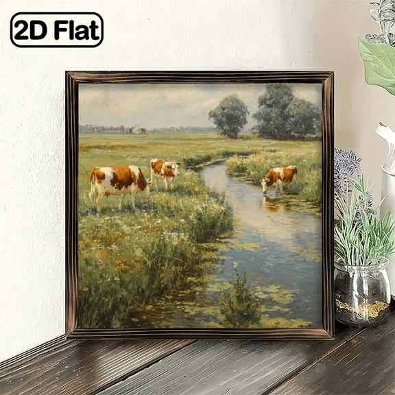 2D Flat, 1pc 8x8 Inch Heart Shape Hanging Decorative Sign, Heart Shaped Painting Wall Decor, Classic Landscape with Cows by Stream Art Print for Home Garden Outdoor Living Room Bedroom, Uniqu