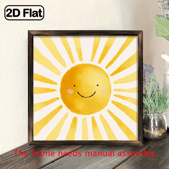 2D Flat, 1pc 8x8 Inch Modern Minimalist Sunshine Art Print Wooden Wall Decor - Smiling Sun Ray Design in Warm Yellow Brown Tones, Flat Sign for Living Room, Bedroom, Kitchen, Bathroom