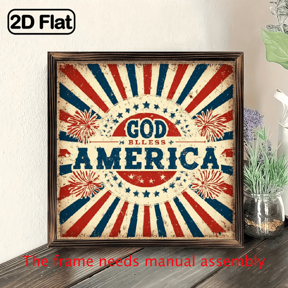 2D Flat, 1pc 8x8 Inch Patriotic God Bless America Wooden Wall Art - Vintage Style Fireworks Stars Design, Wood Framed Home Decor for 4th of July, Independence Day, Kitchen, Bathroom, Living Room