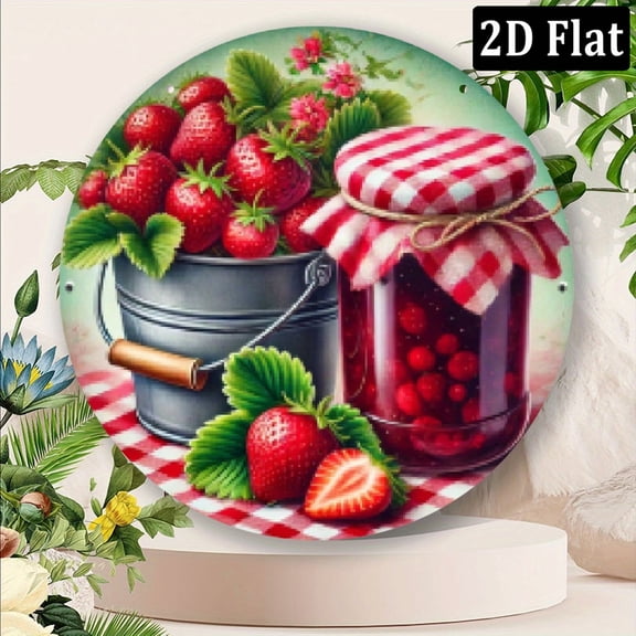 2D Flat, 1pc 8x8 Inch Round Aluminum Metal Wall Sign - Rust-Resistant Waterproof Strawberry Jam Art with Checkered Jar Berries - Heat Cold Resistant Kitchen, Bar, Cafe Decor - No Fade Hanging Ar