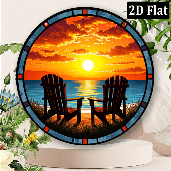 2D Flat, 1pc 8x8 Inch Round Aluminum Wall Art - Vibrant Ocean Sunset Design, -Resistant Scratchproof Metal Decor with Pre-Drilled Holes for Easy Hanging, Perfect for Home or Office, Coastal Home