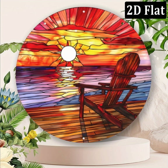 2D Flat, 1pc 8x8 Inch Round Aluminum Wall Art - Vibrant Ocean Sunset Design, -Resistant Scratchproof Metal Decor with Pre-Drilled Holes for Easy Hanging, Perfect for Home or Office, Coastal Home