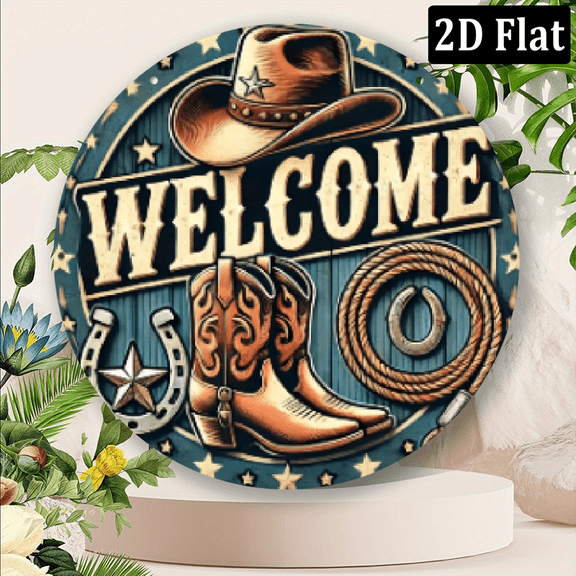 2D Flat, 1pc 8x8 Inch Rustic Cowboy Welcome Sign - Aluminum Round Wall Decor with Distressed Finish Weather-Resistant Coating, Western Design Featuring Cowboy Hat, Boots, Horseshoe Rope for Farm