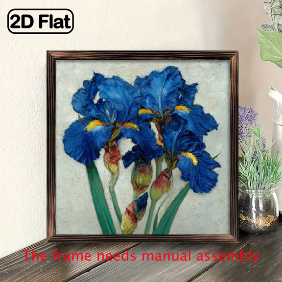 2D Flat 1pc 8x8 Inch Rustic Farmhouse Floral Wall Art with Wooden Frame - Vibrant Iris Flowers in Yellow Green, Hand-Painted Style, IndoorOutdoor Decor, Decorative plague, Perfect Festive Gift For