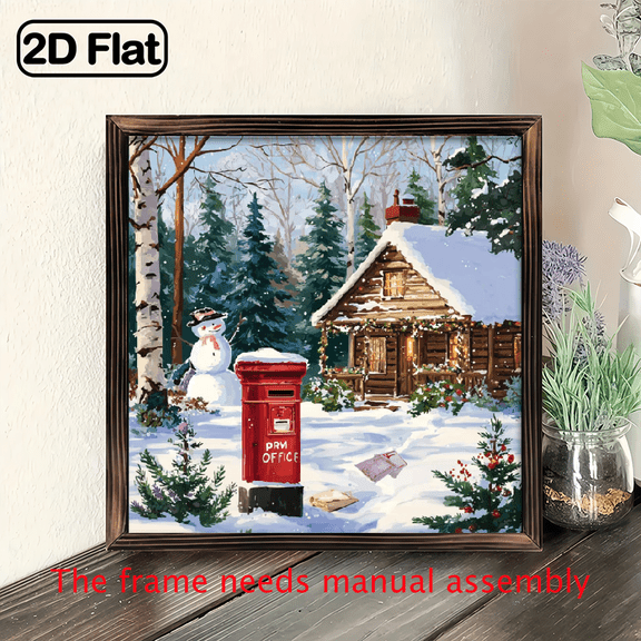 2D Flat, 1pc 8x8 Inch Rustic Farmhouse Winter Snow Scene Wooden Wall Art with Snowman Red Mailbox - Wood Framed Cabin Landscape Decor, Horizontal Snowy Pine Trees Cozy Cabin Painting for Kitchen