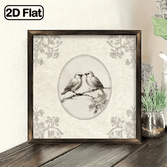 2D Flat, 1pc 8x8 Inch Rustic Farmhouse Wooden Framed Wall Art - Beige Brown Birds on Branch with Leaf Pattern, Muted Green Beige Tones, Nature-Inspired Bird Painting, Decorative Plague, Perfect